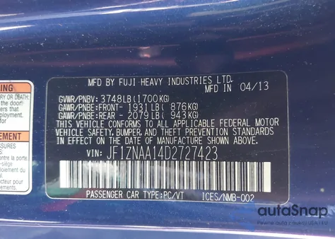 2013 Scion Fr-S из США, поврежденный, VIN JF1ZNAA14D2727423